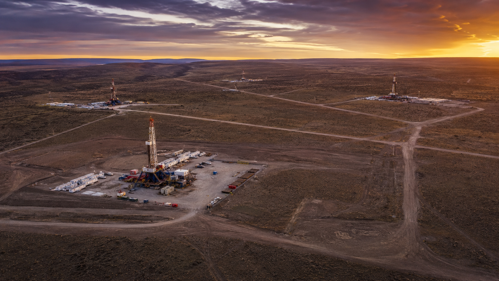 Vaca Muerta — Rigs de perforación al atardecer