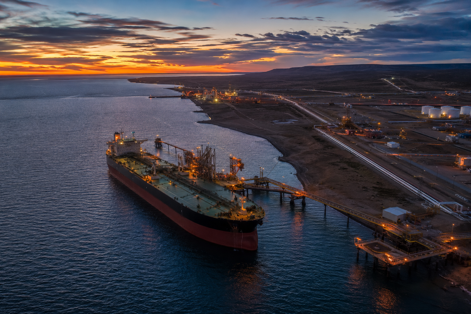 Tanquero en puerto patagónico al atardecer